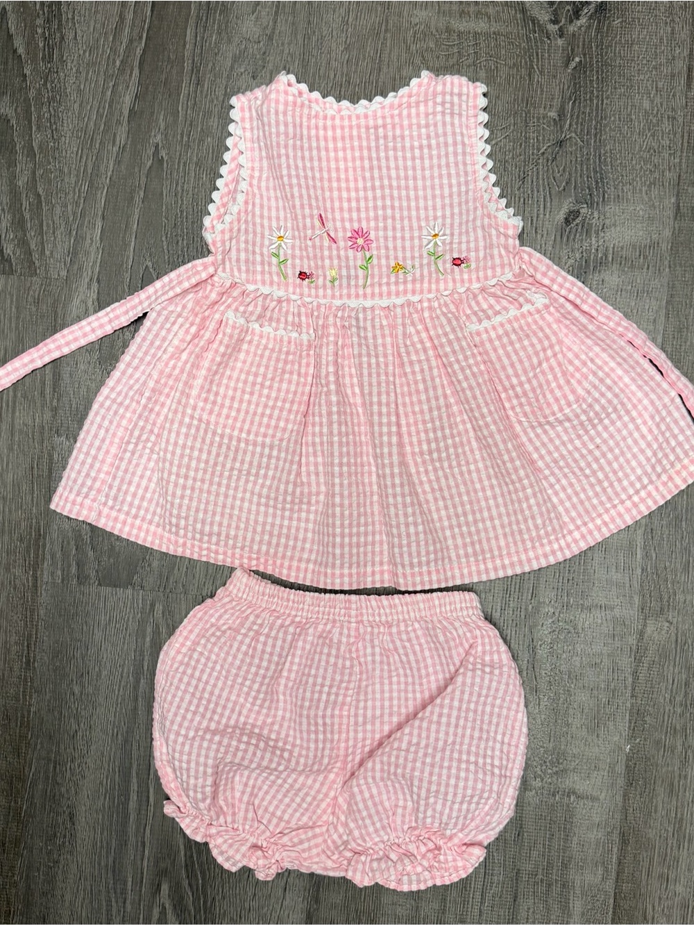 Baby Pink Gingham Dress & Bloomers Set with Floral Embroidery